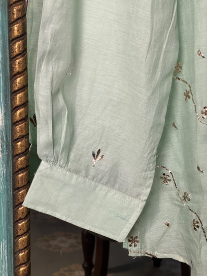 Sea Green Shade Mul Chanderi Mukaish Badla Short Shirt with Bow Neck