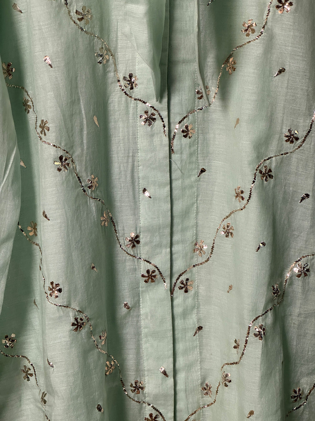 Sea Green Shade Mul Chanderi Mukaish Badla Short Shirt with Bow Neck