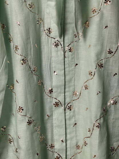 Sea Green Shade Mul Chanderi Mukaish Badla Short Shirt with Bow Neck