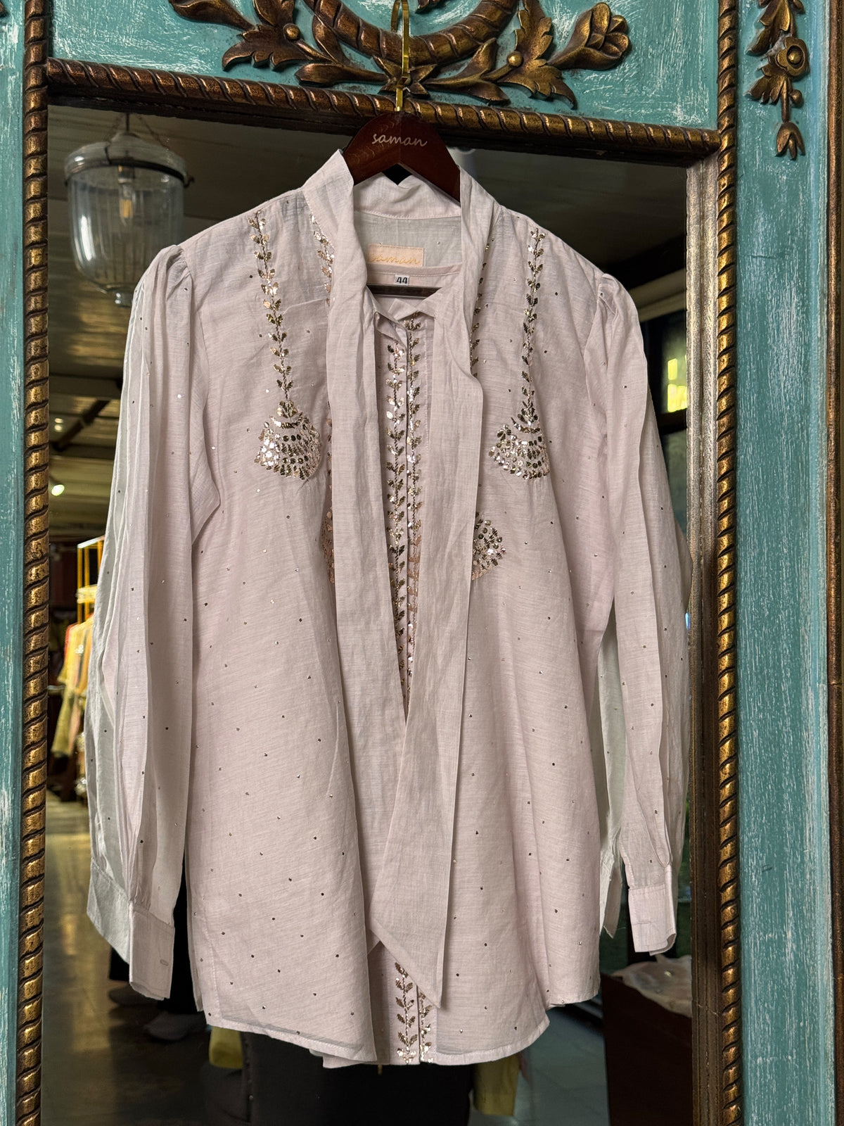 Lavender Grey Shade Mul Chanderi Mukaish Badla Short Shirt with Bow Neck