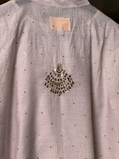 Lavender Grey Shade Mul Chanderi Mukaish Badla Short Shirt with Bow Neck