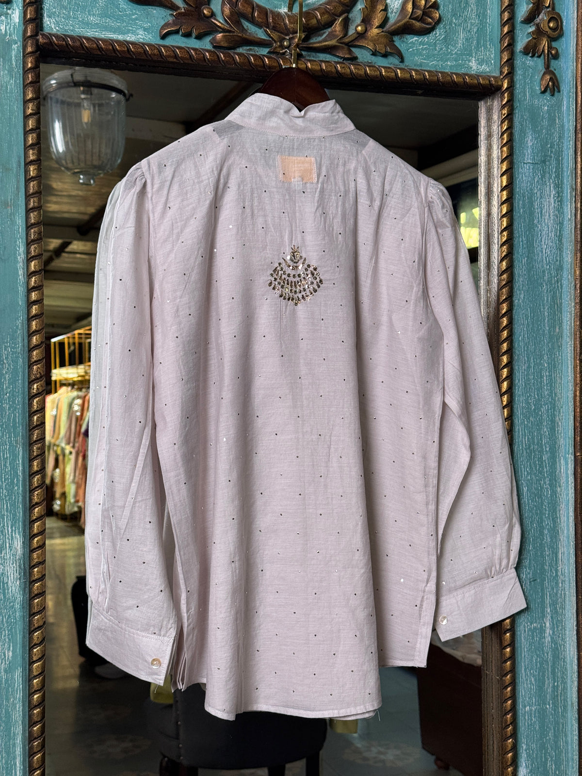 Lavender Grey Shade Mul Chanderi Mukaish Badla Short Shirt with Bow Neck