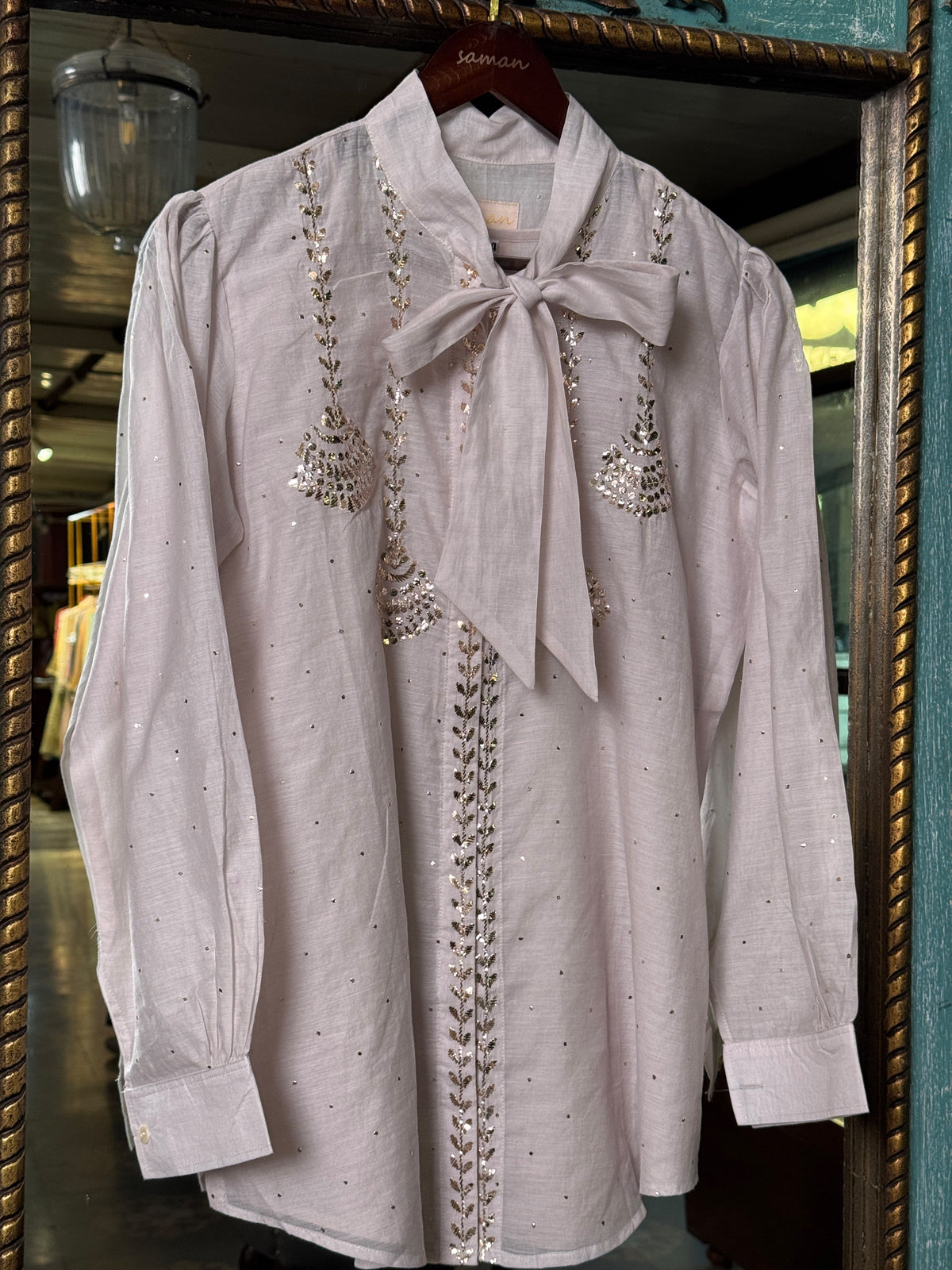 Lavender Grey Shade Mul Chanderi Mukaish Badla Short Shirt with Bow Neck