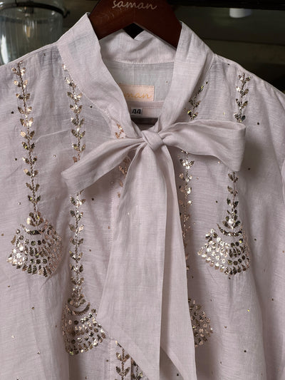 Lavender Grey Shade Mul Chanderi Mukaish Badla Short Shirt with Bow Neck