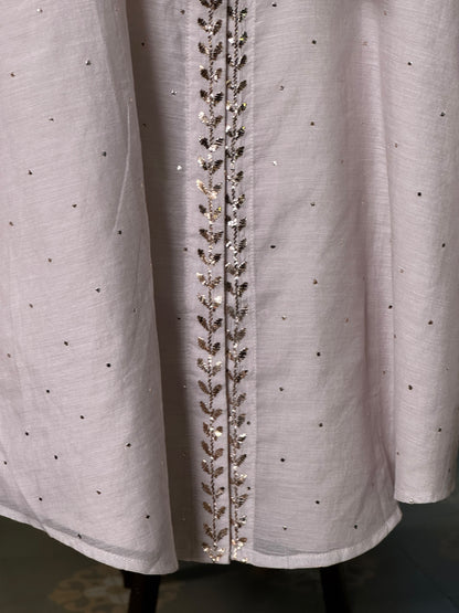 Lavender Grey Shade Mul Chanderi Mukaish Badla Short Shirt with Bow Neck