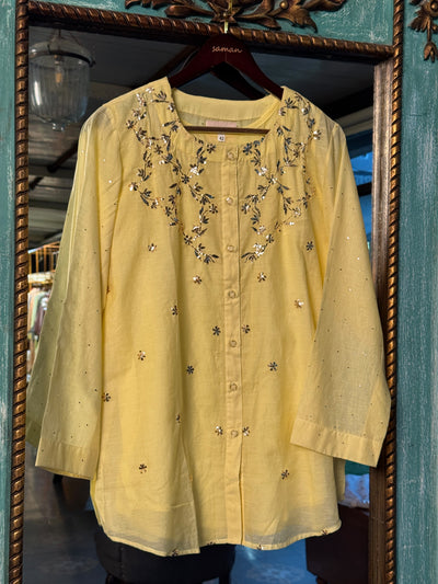 Yellow Shade Mul Chanderi Mukaish Badla Short Shirt with Round Neck