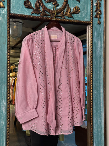 Pink Shade Mul Chanderi Mukaish Badla Short Shirt with Bow Neck