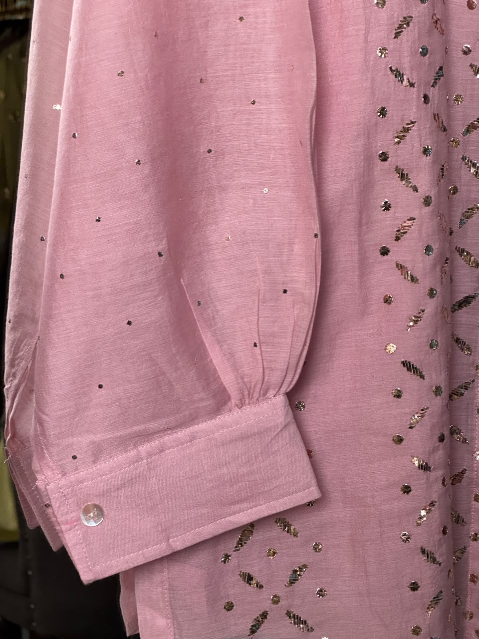 Pink Shade Mul Chanderi Mukaish Badla Short Shirt with Bow Neck