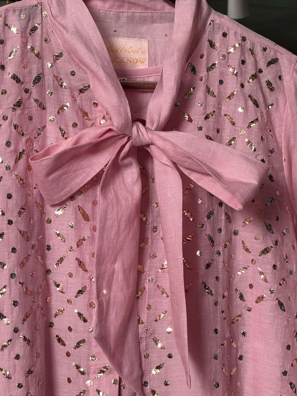 Pink Shade Mul Chanderi Mukaish Badla Short Shirt with Bow Neck