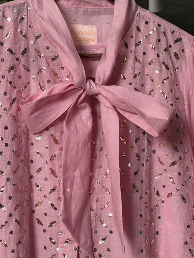 Pink Shade Mul Chanderi Mukaish Badla Short Shirt with Bow Neck