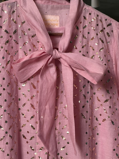 Pink Shade Mul Chanderi Mukaish Badla Short Shirt with Bow Neck