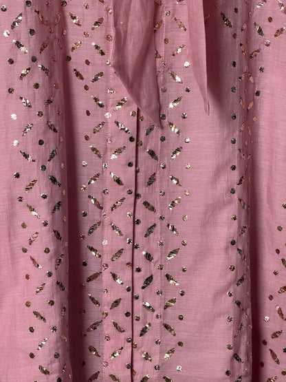 Pink Shade Mul Chanderi Mukaish Badla Short Shirt with Bow Neck