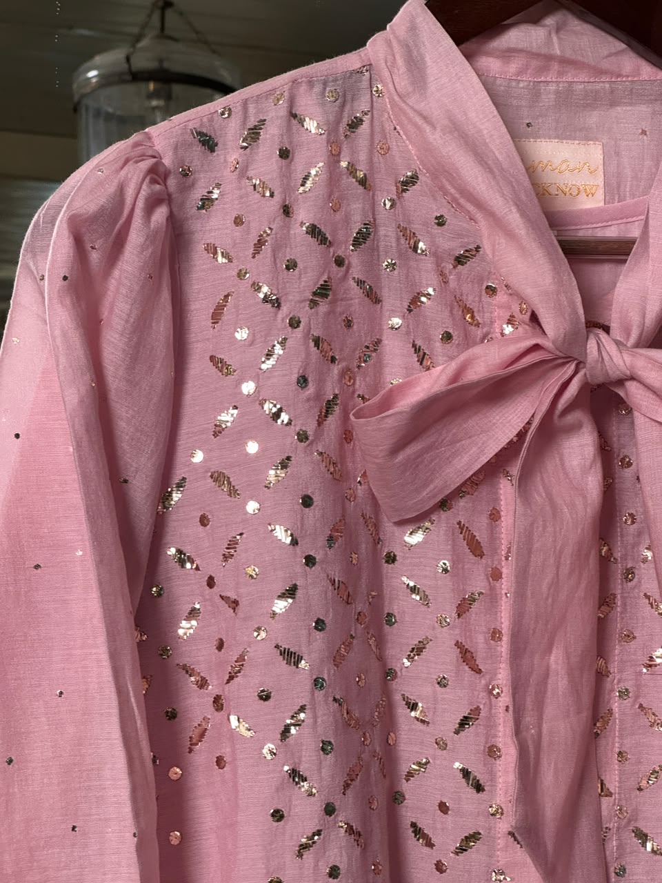 Pink Shade Mul Chanderi Mukaish Badla Short Shirt with Bow Neck