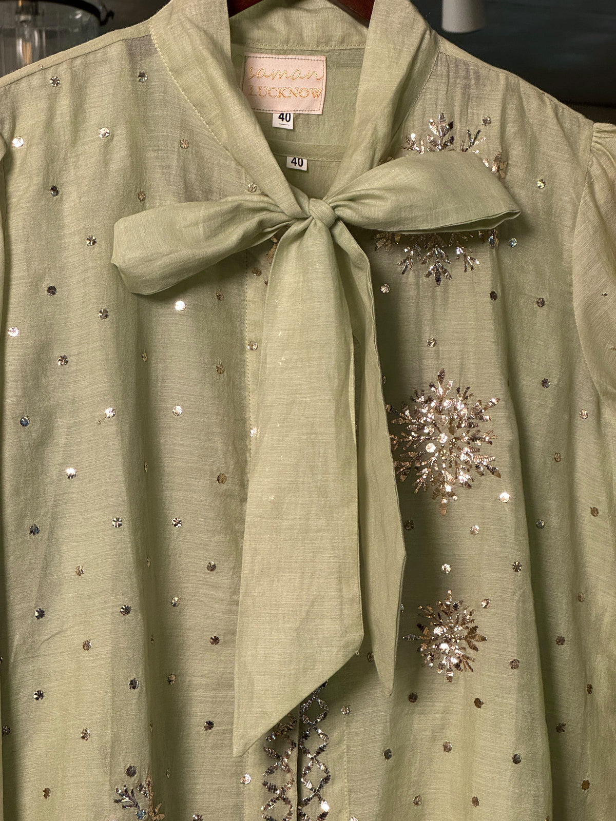 Green Shade Mul Chanderi Mukaish Badla Short Shirt with Bow Neck