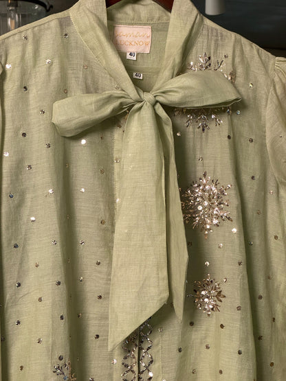 Green Shade Mul Chanderi Mukaish Badla Short Shirt with Bow Neck