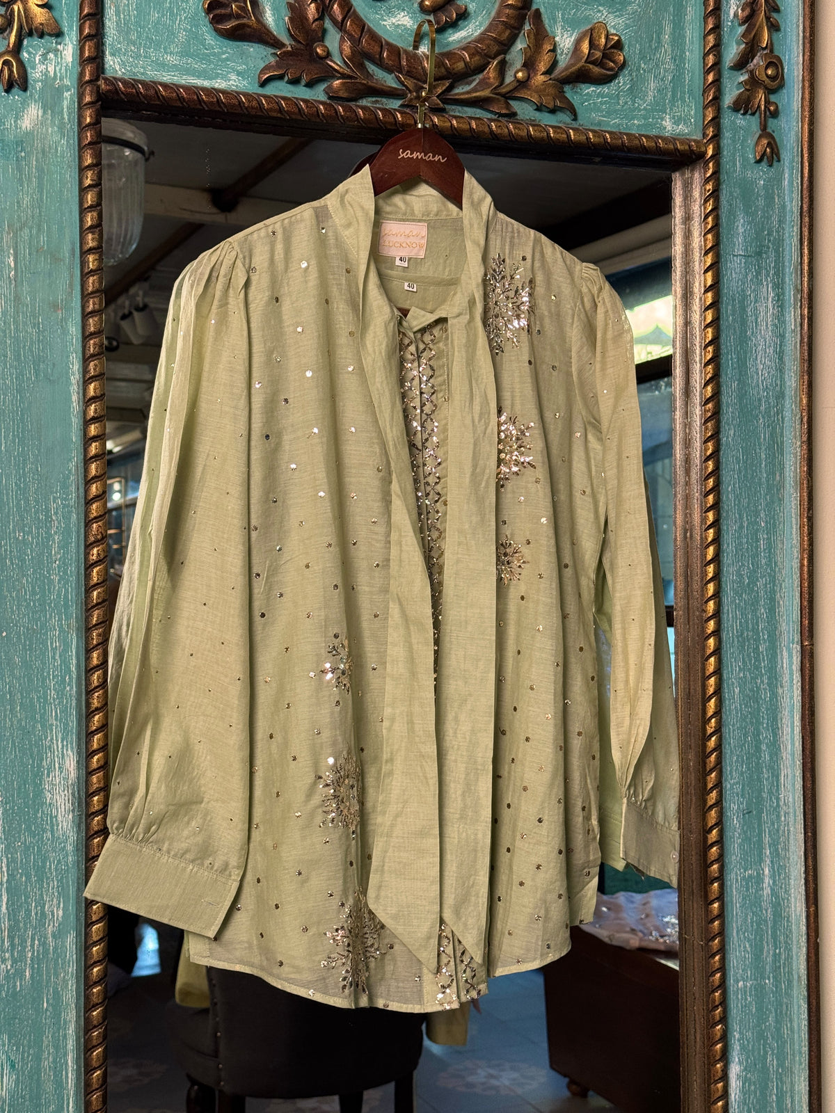 Green Shade Mul Chanderi Mukaish Badla Short Shirt with Bow Neck