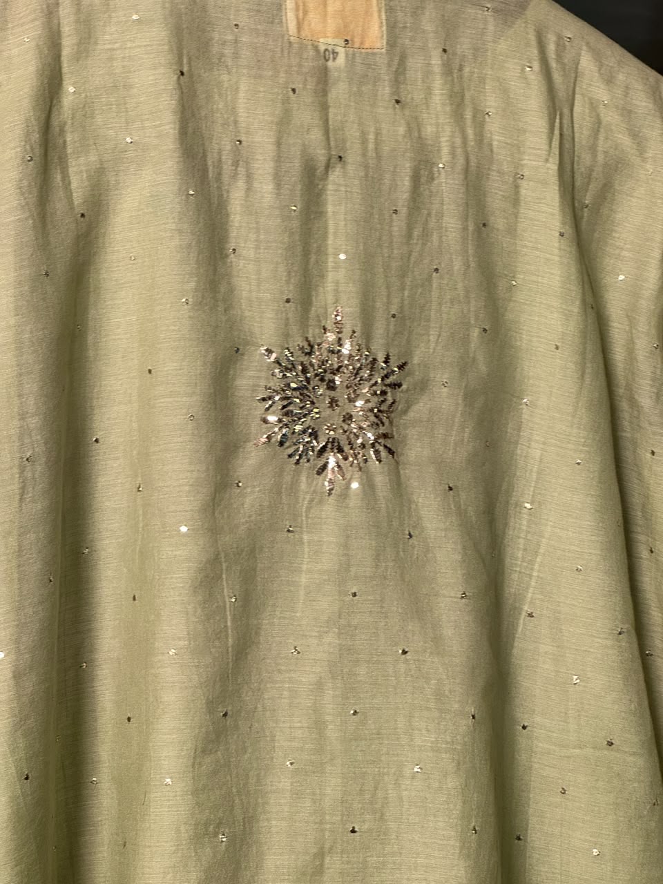 Green Shade Mul Chanderi Mukaish Badla Short Shirt with Bow Neck