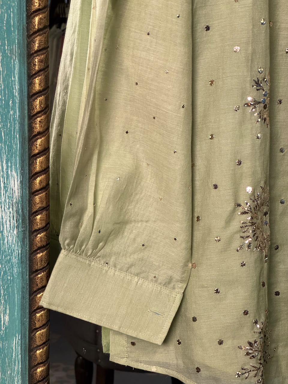 Green Shade Mul Chanderi Mukaish Badla Short Shirt with Bow Neck