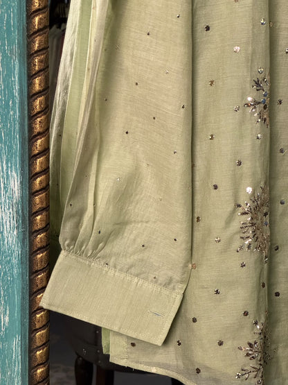 Green Shade Mul Chanderi Mukaish Badla Short Shirt with Bow Neck
