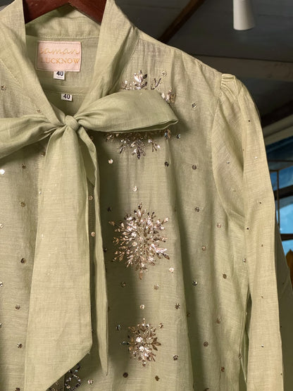 Green Shade Mul Chanderi Mukaish Badla Short Shirt with Bow Neck