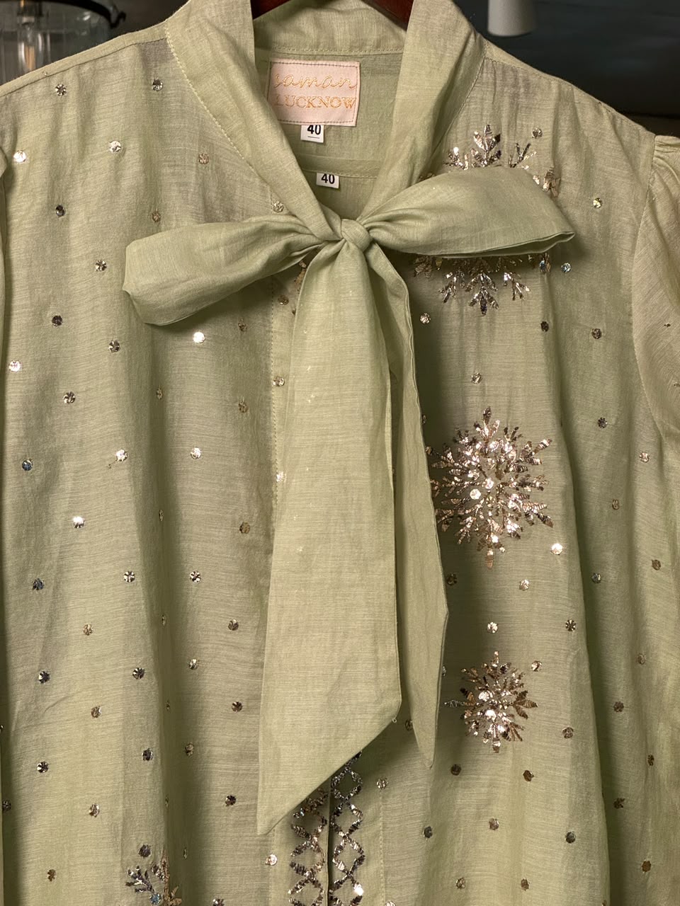 Green Shade Mul Chanderi Mukaish Badla Short Shirt with Bow Neck