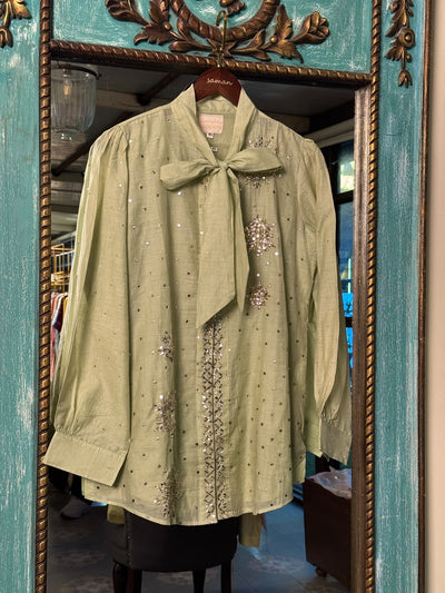 Green Shade Mul Chanderi Mukaish Badla Short Shirt with Bow Neck