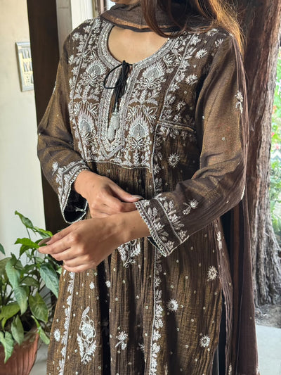 Black Tissue Silk Bhopali Kurta Dupatta Set