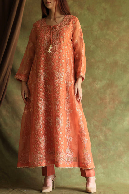 Orange Salmon Noor Organza Chikankari Anarkali With Dupatta