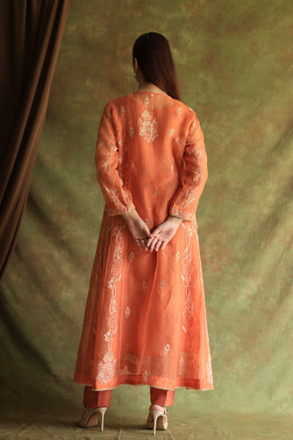 Orange Salmon Noor Organza Chikankari Anarkali With Dupatta