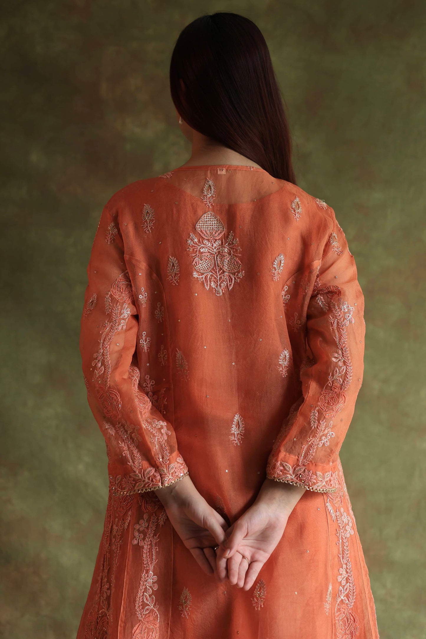 Orange Salmon Noor Organza Chikankari Anarkali With Dupatta