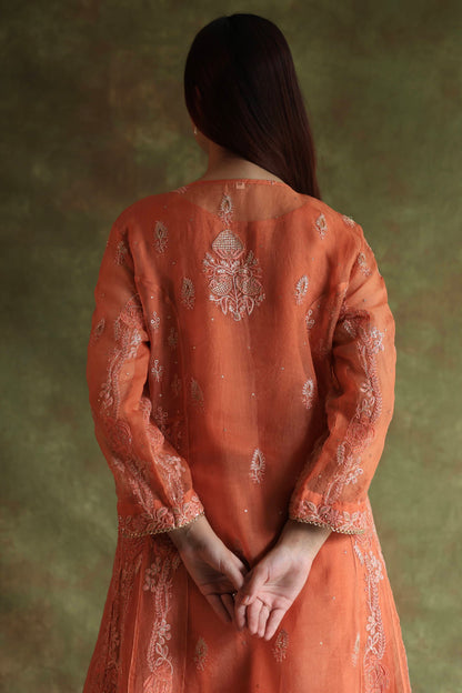 Orange Salmon Noor Organza Chikankari Anarkali With Dupatta