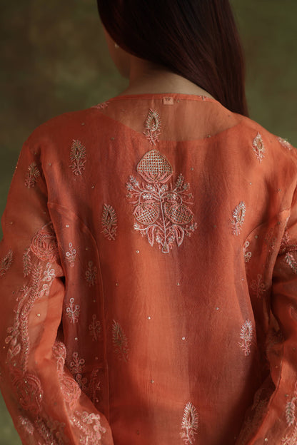 Orange Salmon Noor Organza Chikankari Anarkali With Dupatta