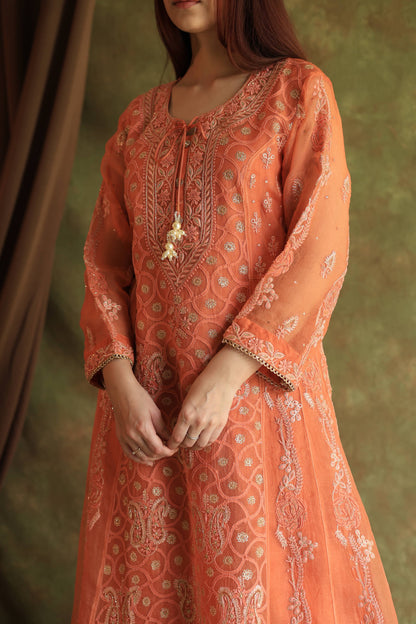 Orange Salmon Noor Organza Chikankari Anarkali With Dupatta