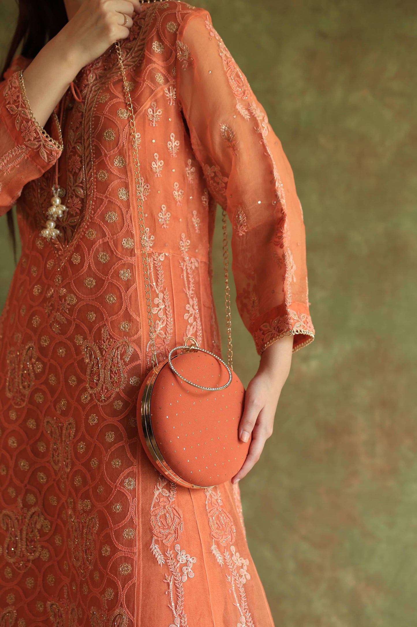 Orange Salmon Noor Organza Chikankari Anarkali With Dupatta