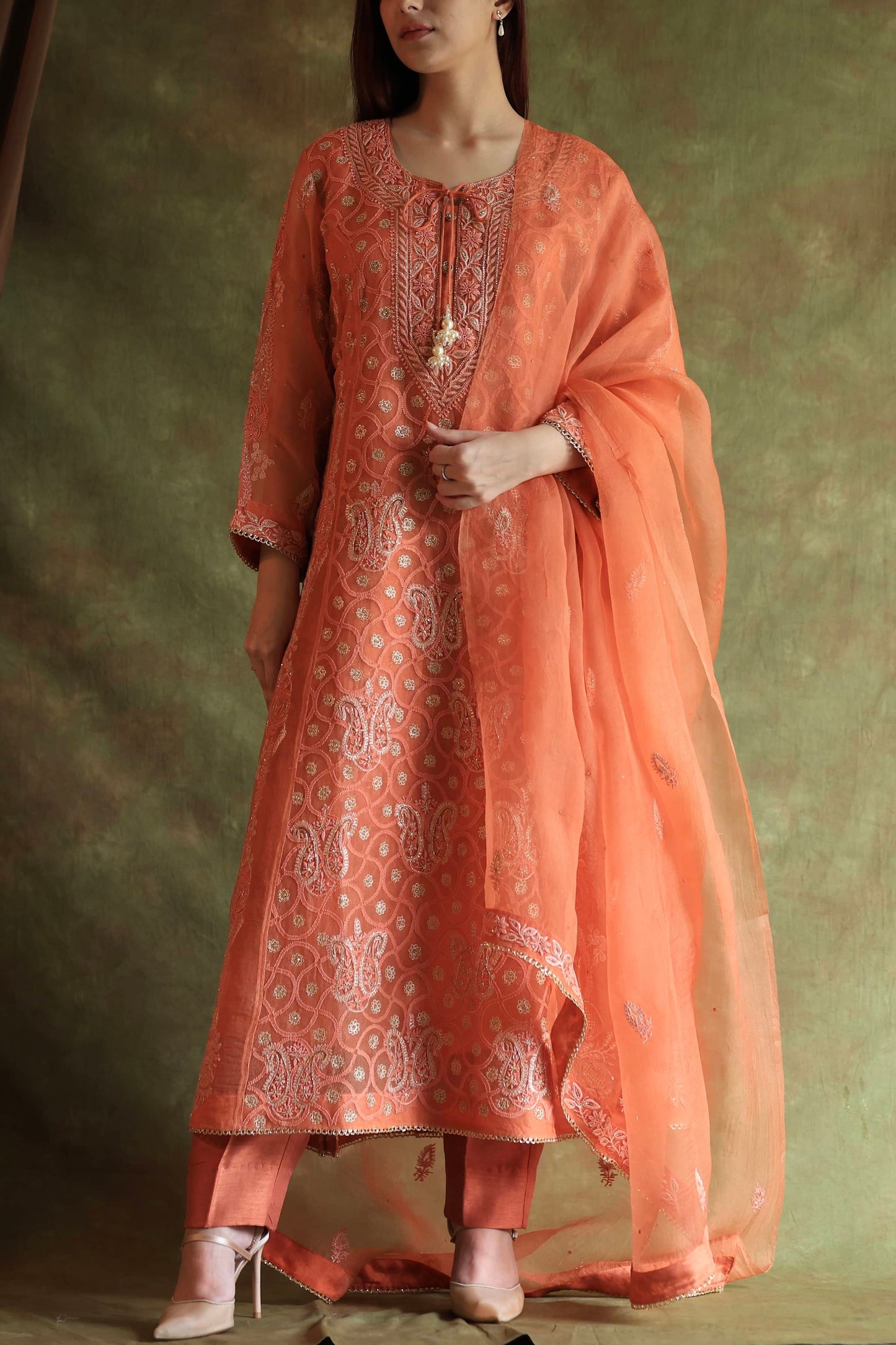 Orange Salmon Noor Organza Chikankari Anarkali With Dupatta