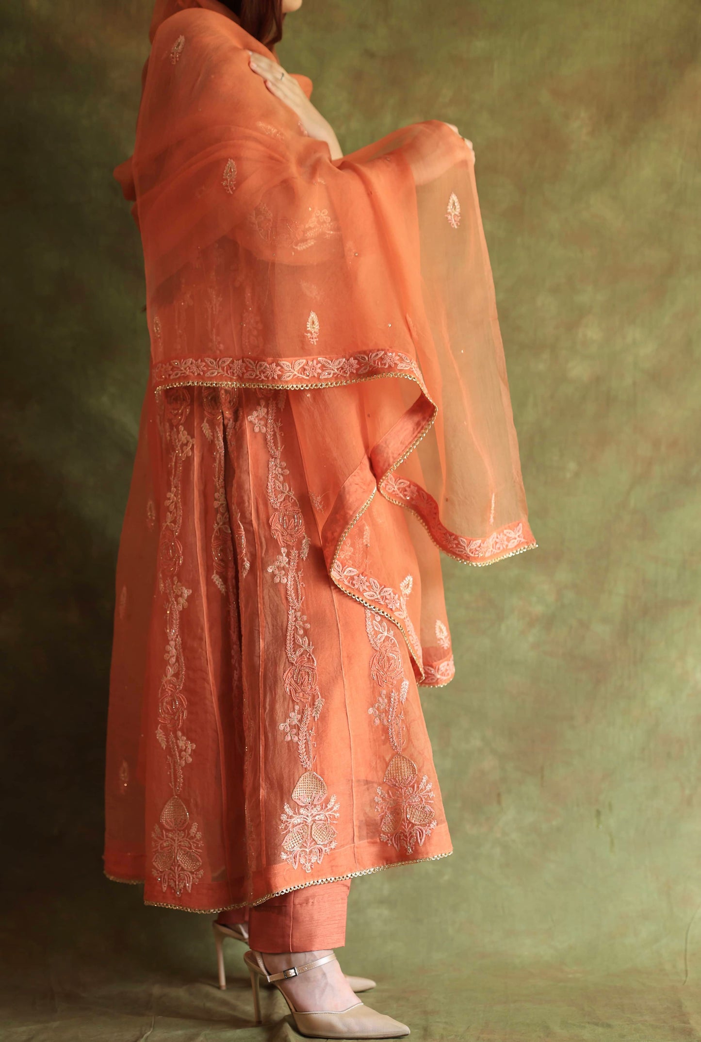 Orange Salmon Noor Organza Chikankari Anarkali With Dupatta