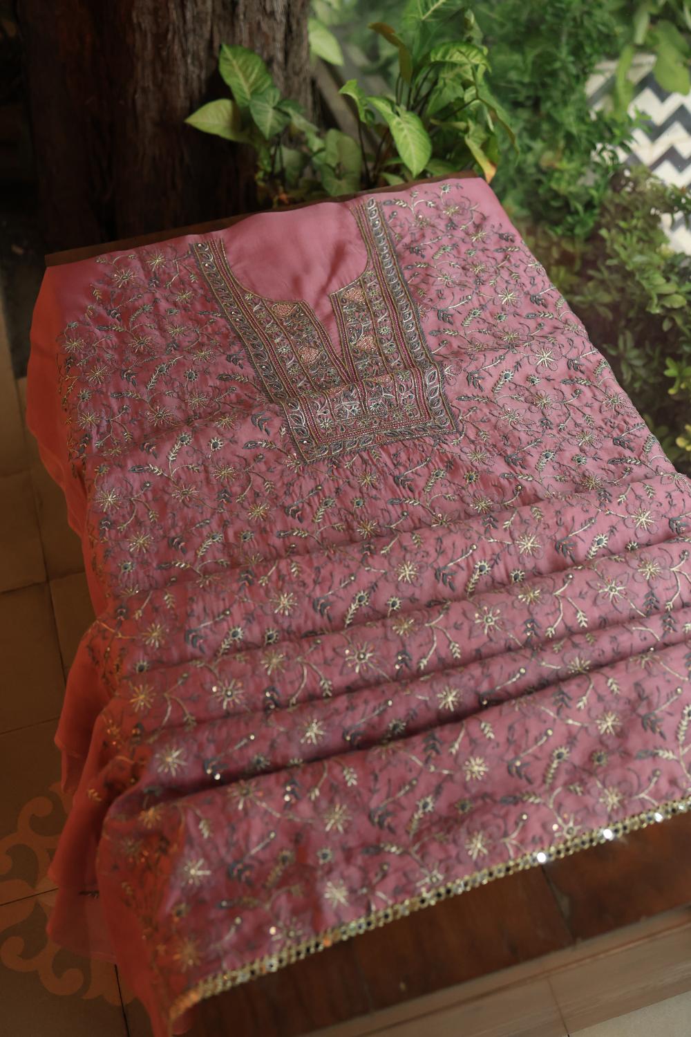 Dusty Lavender Noor Organza Silk Chikankari Unstitched Kurta Dupatta Set