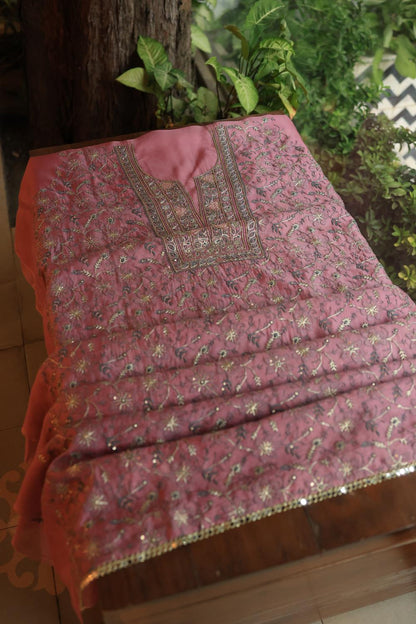 Dusty Lavender Noor Organza Silk Chikankari Unstitched Kurta Dupatta Set
