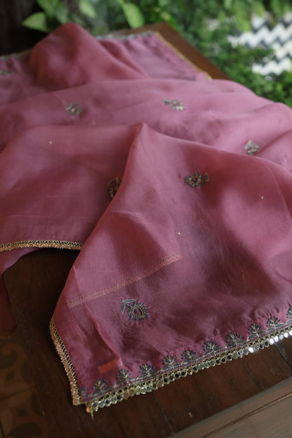 Dusty Lavender Noor Organza Silk Chikankari Unstitched Kurta Dupatta Set