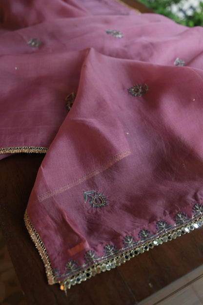Dusty Lavender Noor Organza Silk Chikankari Unstitched Kurta Dupatta Set