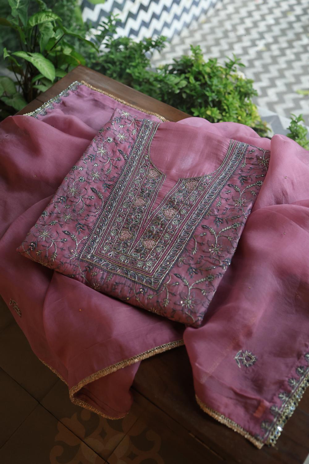Dusty Lavender Noor Organza Silk Chikankari Unstitched Kurta Dupatta Set