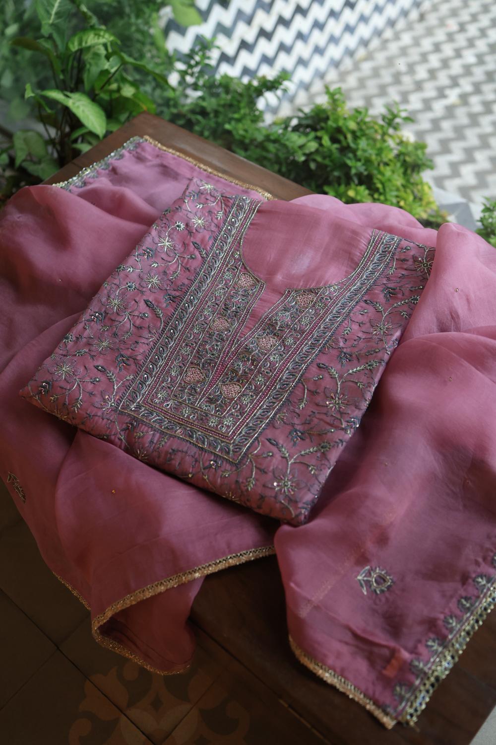 Dusty Lavender Noor Organza Silk Chikankari Unstitched Kurta Dupatta Set