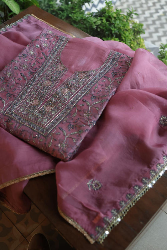 Dusty Lavender Noor Organza Silk Chikankari Unstitched Kurta Dupatta Set