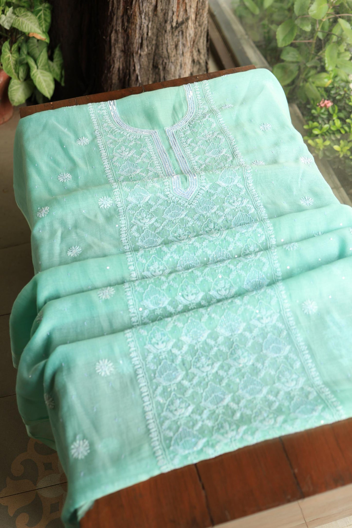 Sea Green Peach Malmals Pearl Work Chikankari Unstitched Fabrics
