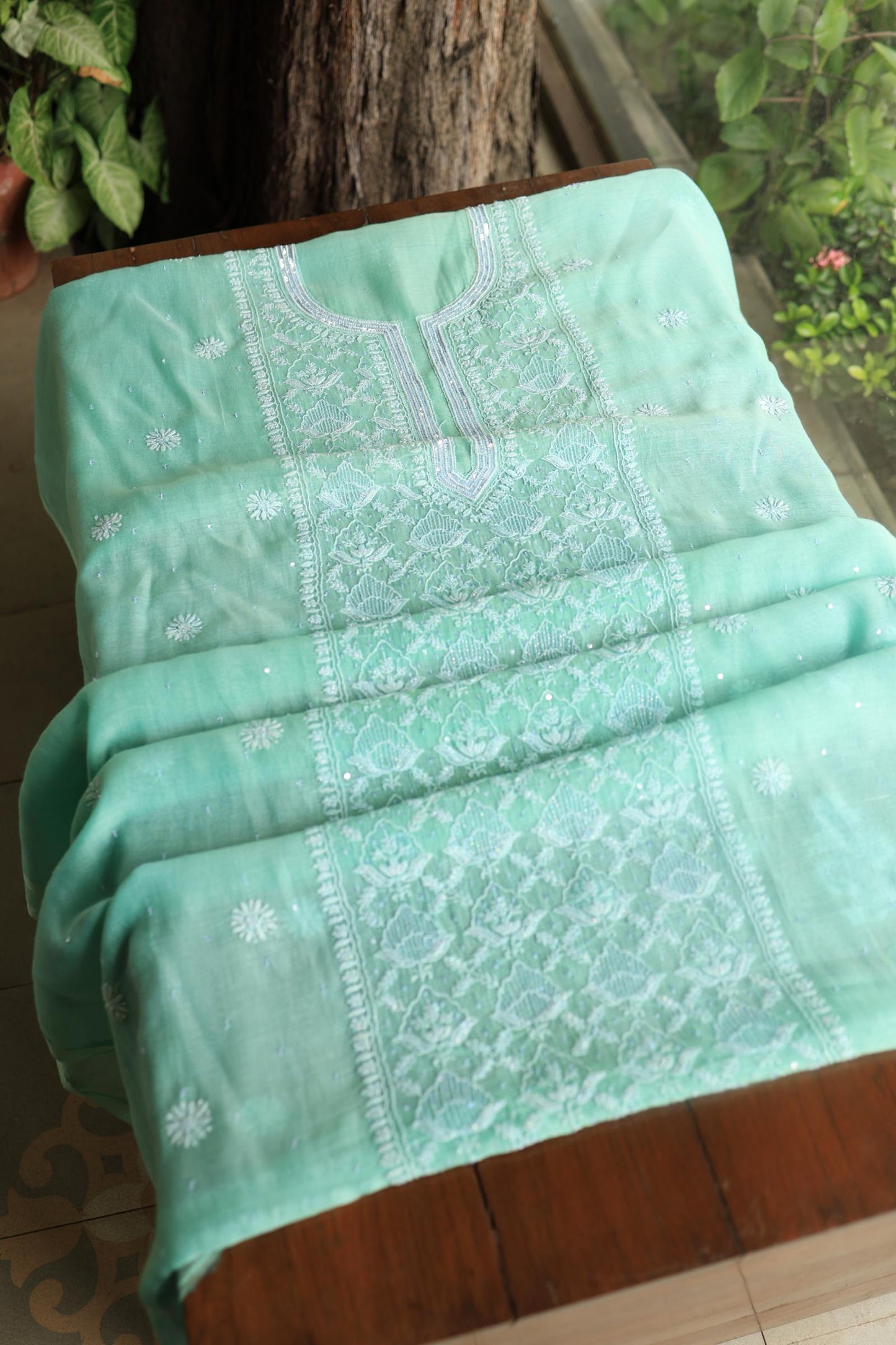 Sea Green Peach Malmals Pearl Work Chikankari Unstitched Fabrics