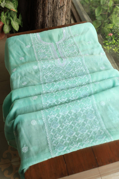 Sea Green Peach Malmals Pearl Work Chikankari Unstitched Fabrics