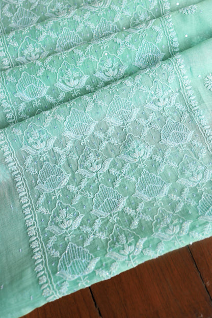 Sea Green Peach Malmals Pearl Work Chikankari Unstitched Fabrics