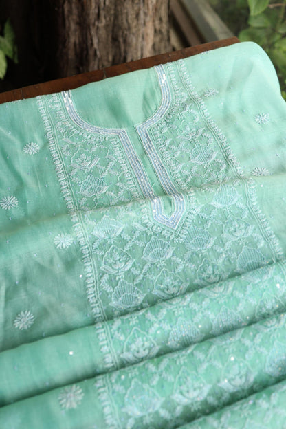 Sea Green Peach Malmals Pearl Work Chikankari Unstitched Fabrics