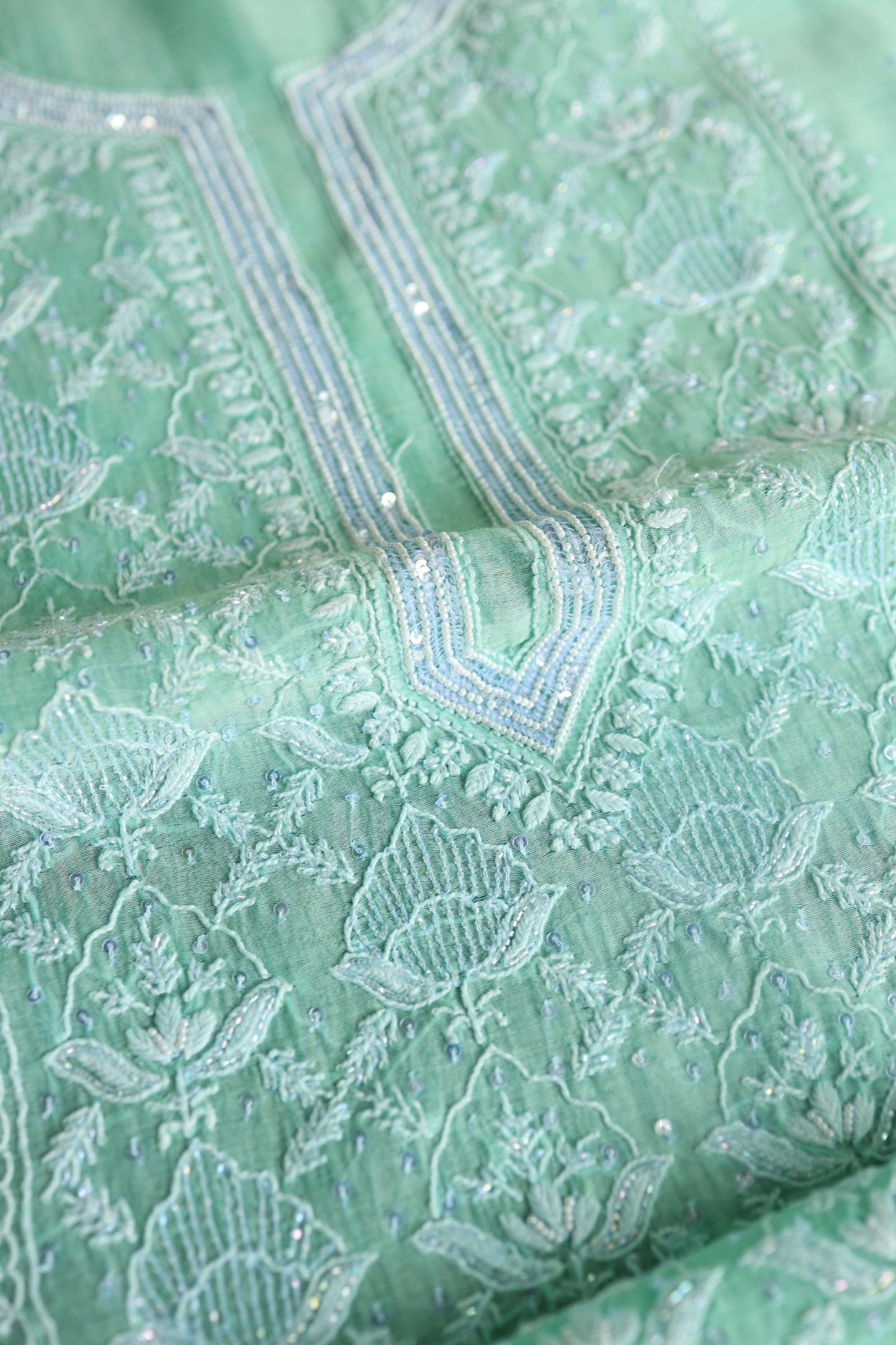Sea Green Peach Malmals Pearl Work Chikankari Unstitched Fabrics