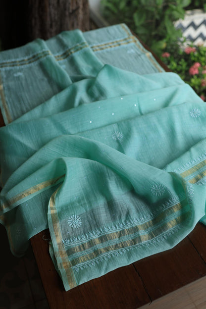 Sea Green Peach Malmals Pearl Work Chikankari Unstitched Fabrics